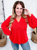 Balloon Sleeve Red V-Neck Top