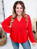 Balloon Sleeve Red V-Neck Top