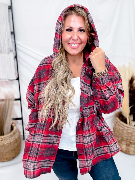 Red Plaid Button Down Flannel With Hood