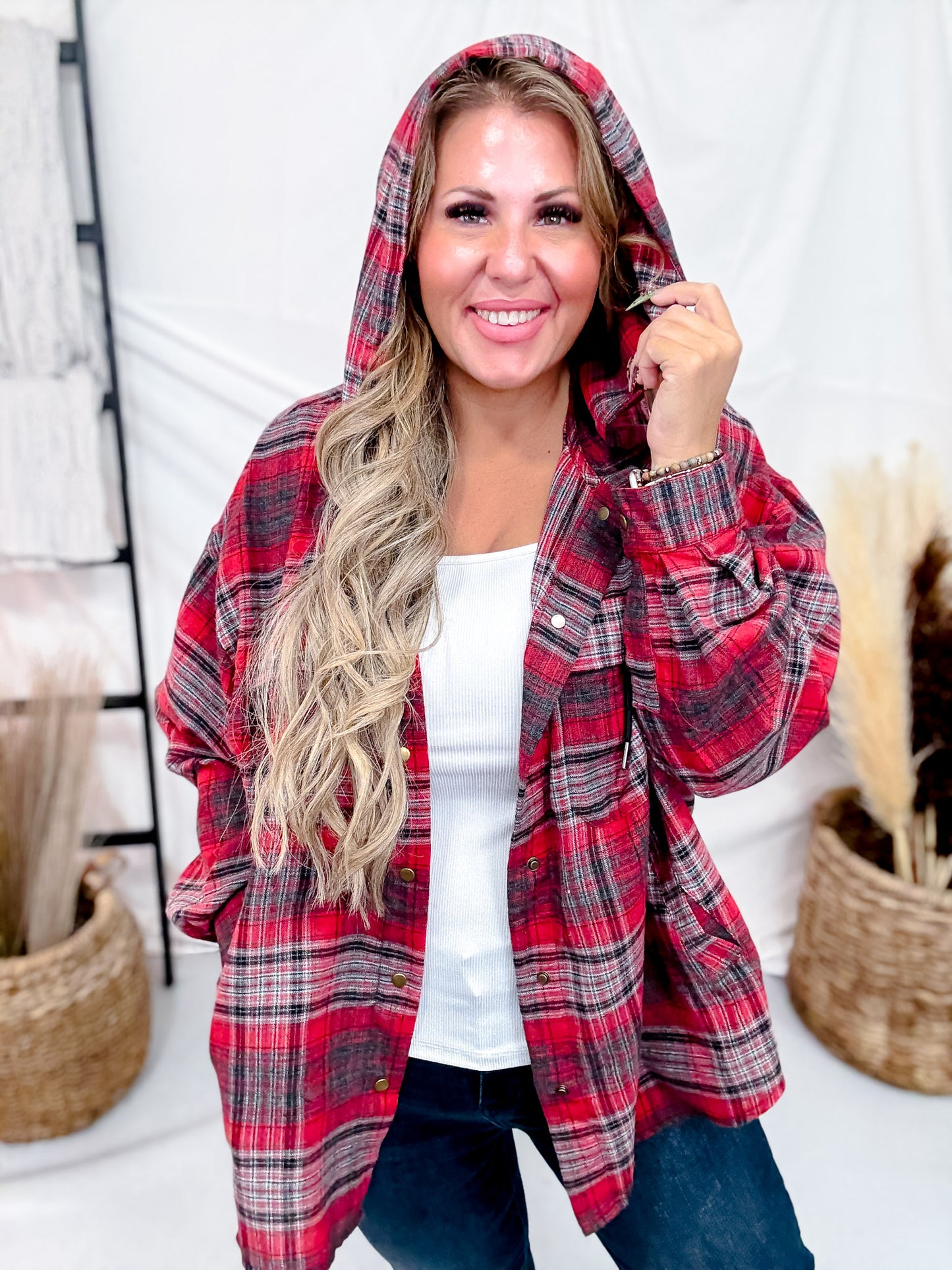Red Plaid Button Down Flannel With Hood