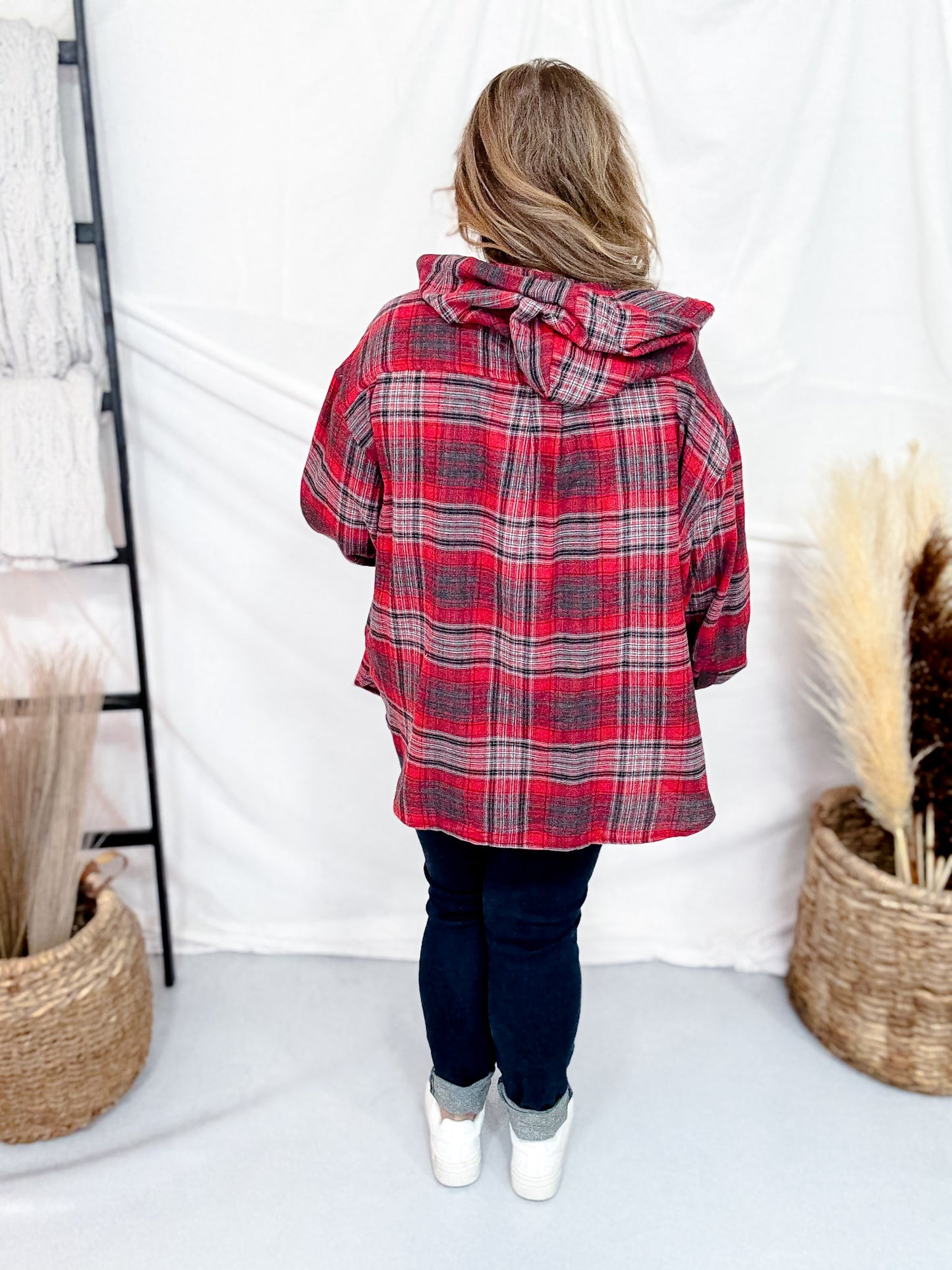 Red Plaid Button Down Flannel With Hood