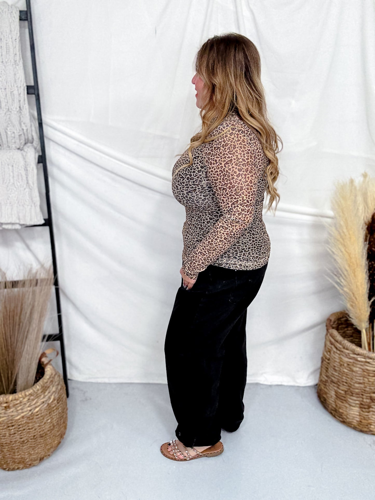 Leopard Print Mock Neck Mesh Top With Long Sleeves