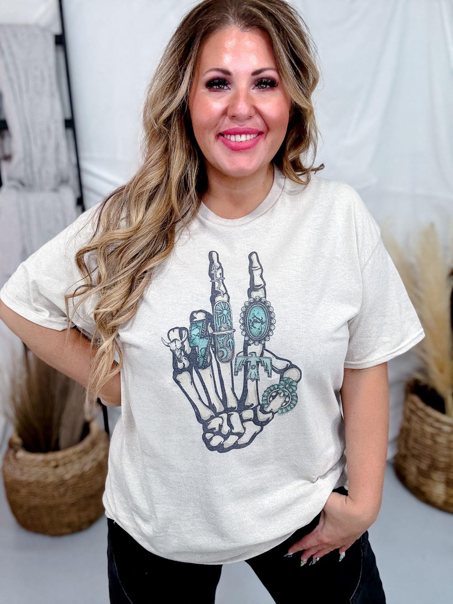 Peace & Turquoise Skeleton Hand Graphic T-Shirt