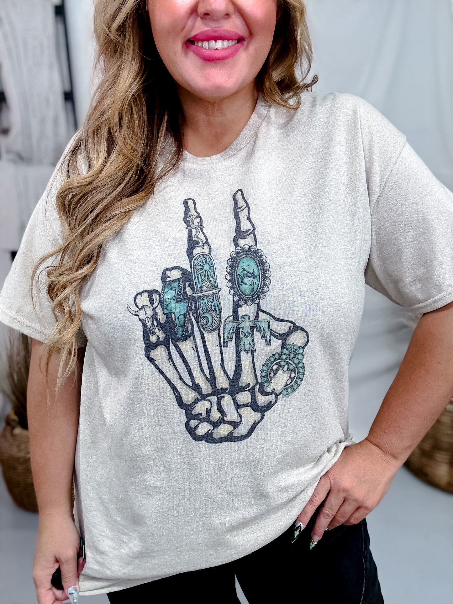 Peace & Turquoise Skeleton Hand Graphic T-Shirt