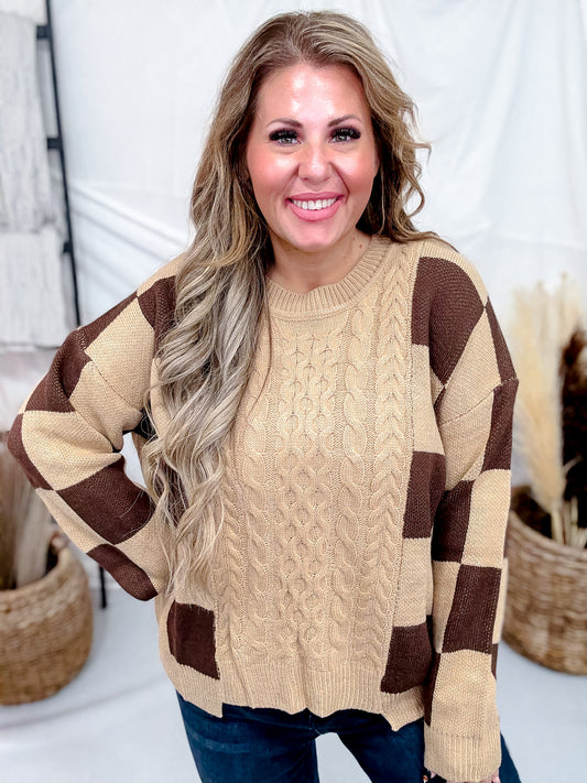 Cable Knit Sweater With Mocha Latte Checkerboard Pattern