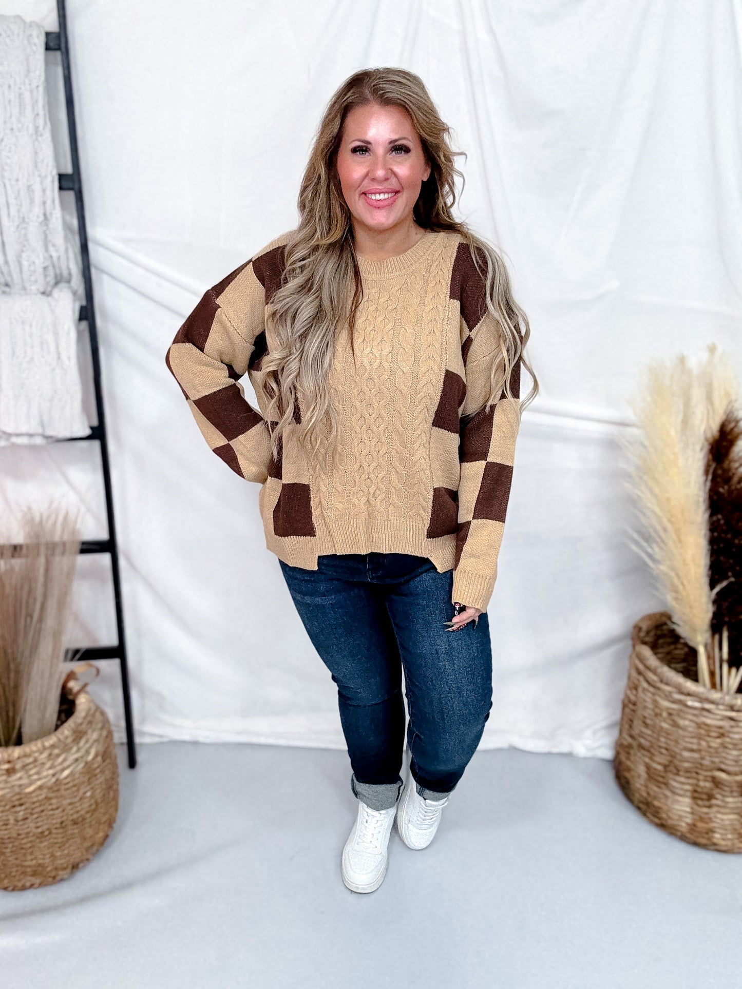 Cable Knit Sweater With Mocha Latte Checkerboard Pattern