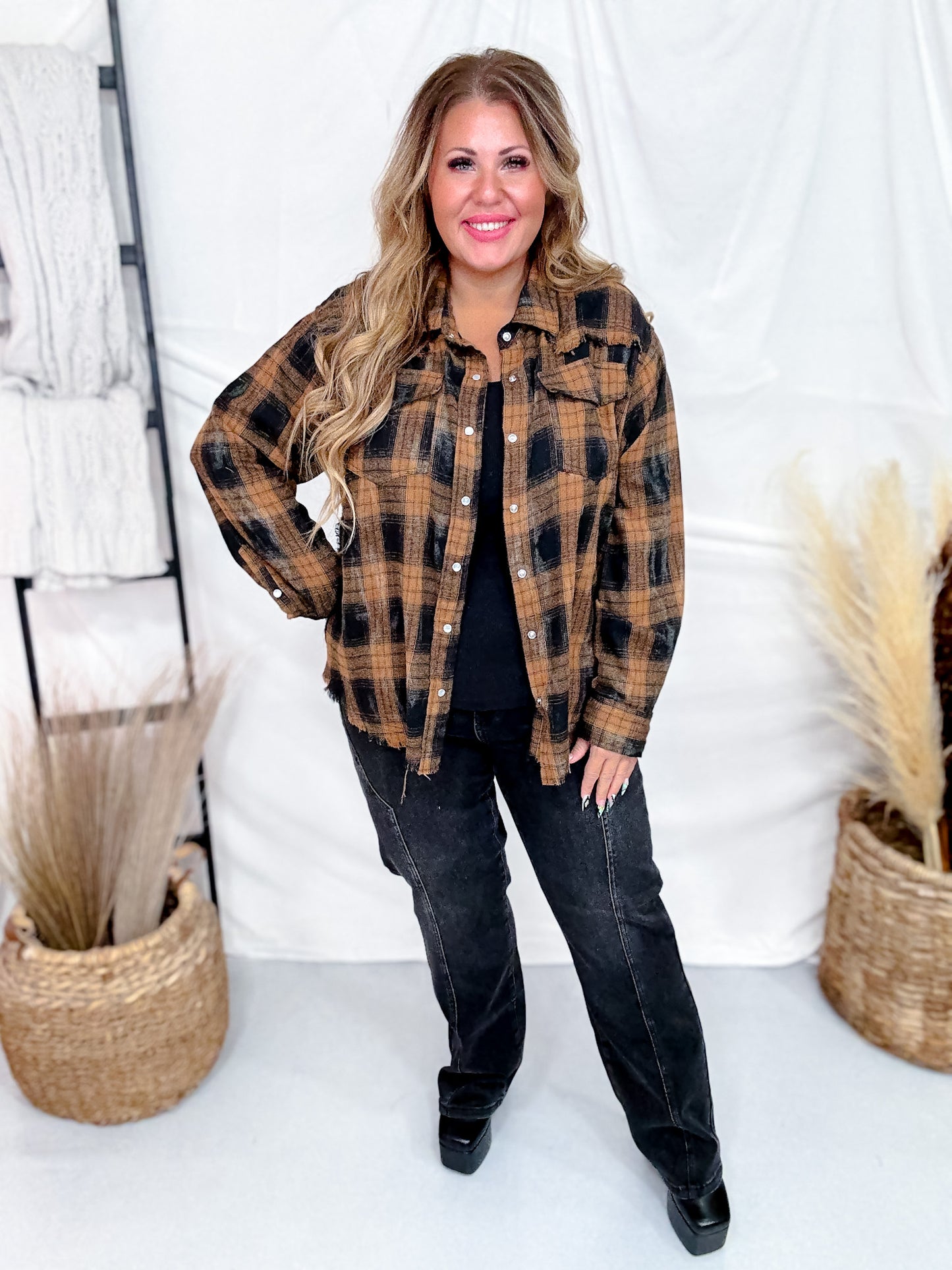 Black & Brown Long Sleeve Plaid Button Down Top