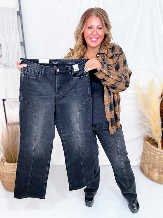 Judy Blue Mid-Rise Black Straight Leg Western Seam Detail Jeans