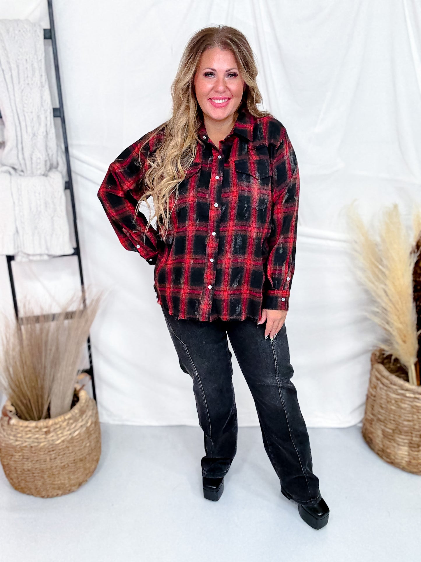 Red & Black Long Sleeve Plaid Button Down Top