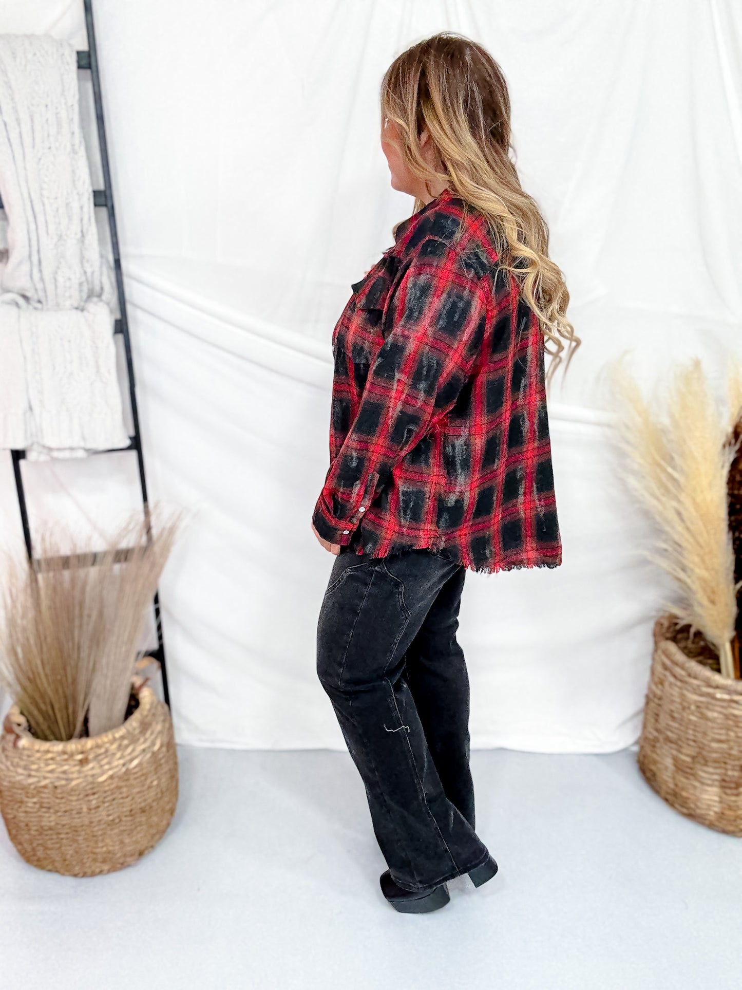 Red & Black Long Sleeve Plaid Button Down Top