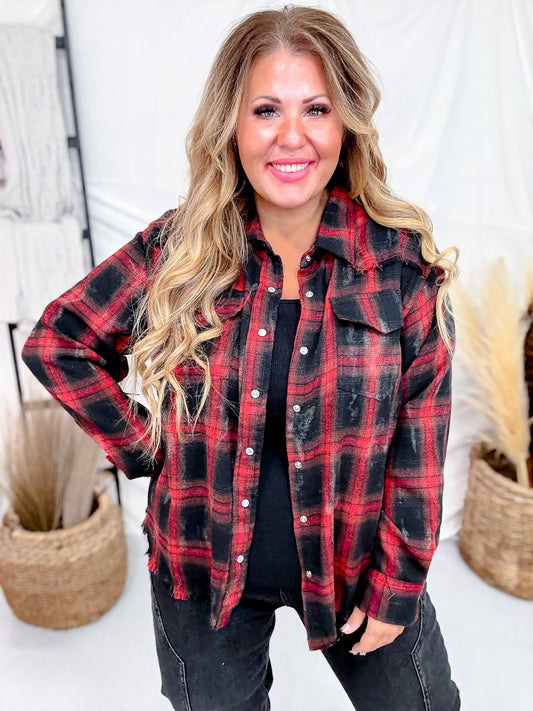 Red & Black Long Sleeve Plaid Button Down Top