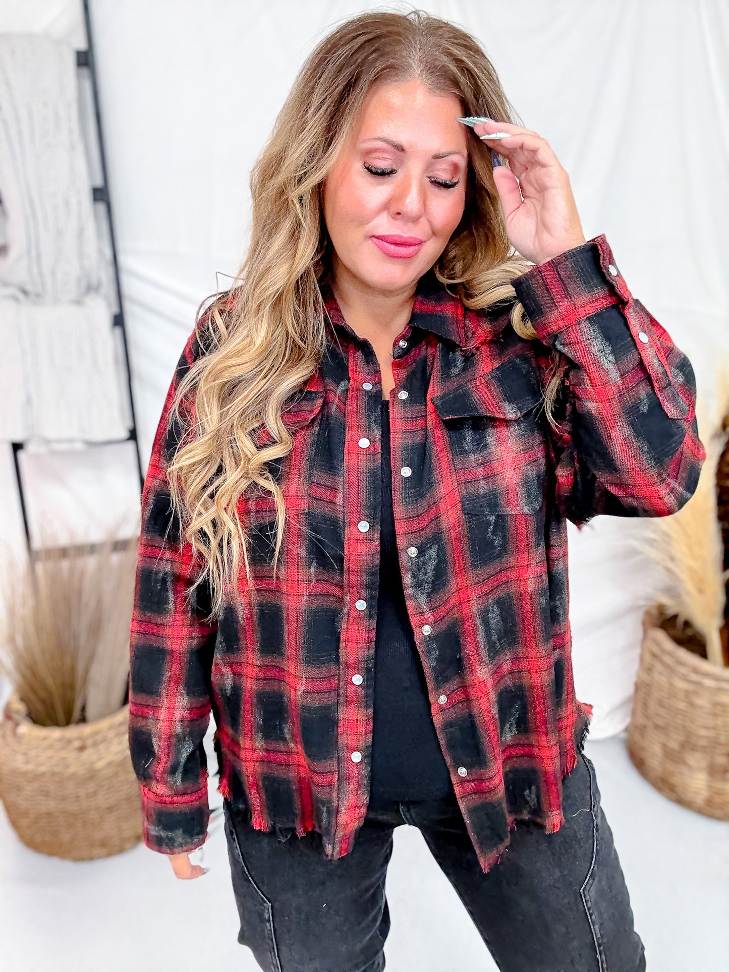 Red & Black Long Sleeve Plaid Button Down Top