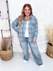 Denim Blue Long Sleeve Plaid Button Up Top W/ Front Patch Pockets