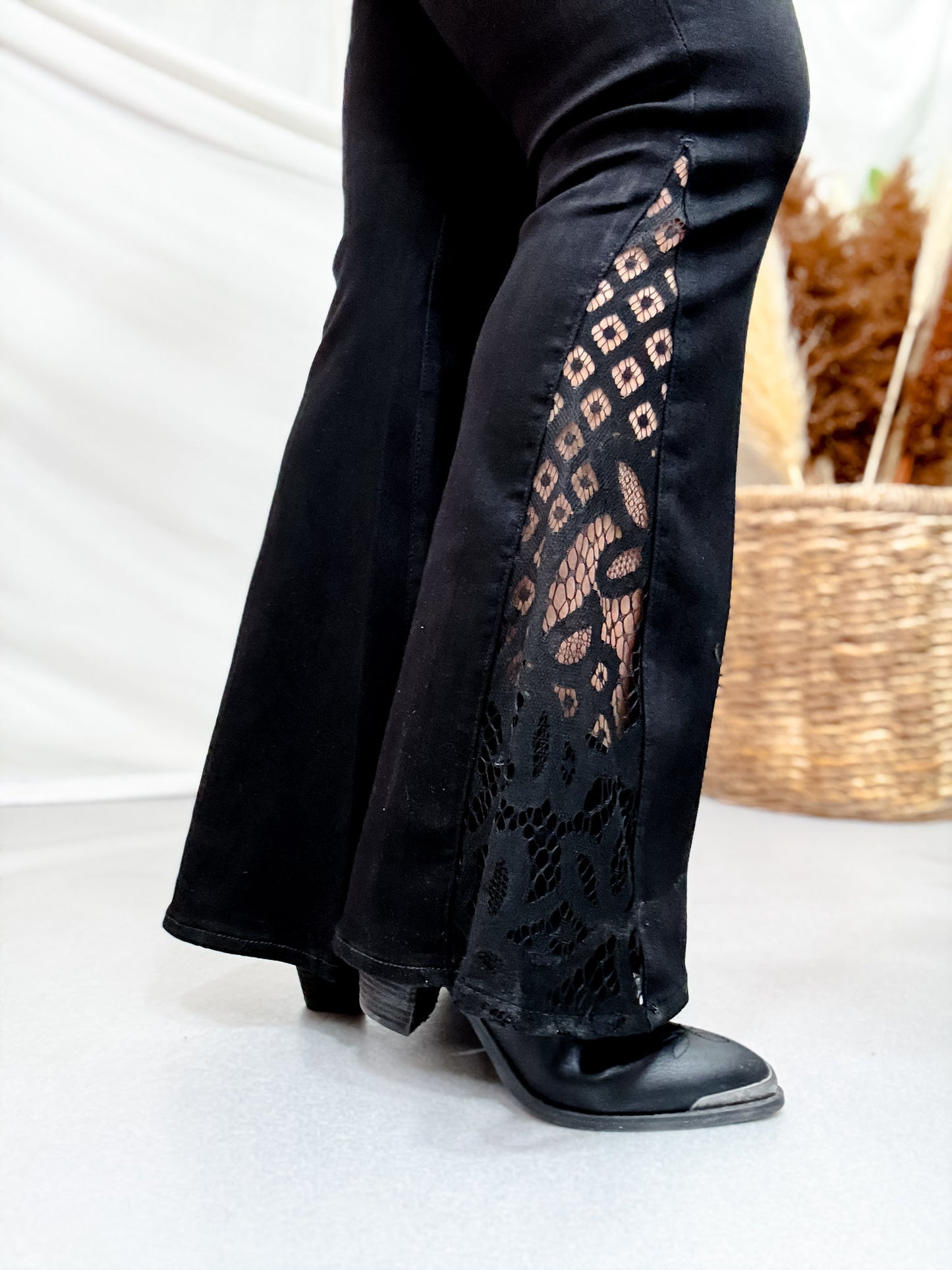 Black Shadow Luxe Judy Blue Flare Jeans W/ Lace Hem Detail (Three Inseams)