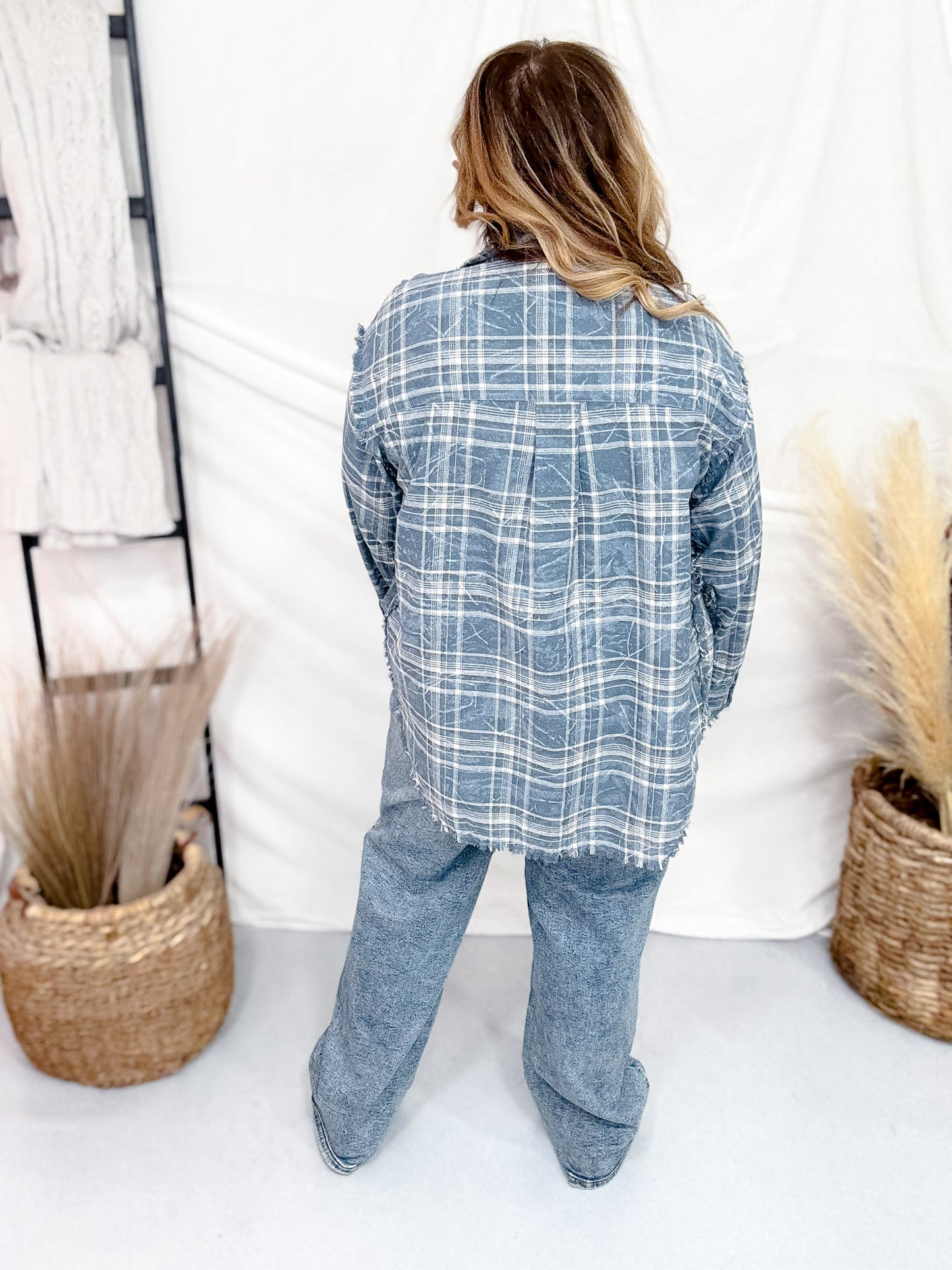 Denim Blue Long Sleeve Plaid Button Up Top W/ Front Patch Pockets
