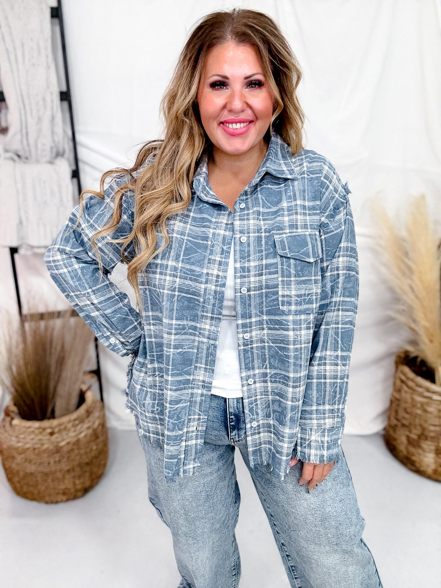 Denim Blue Long Sleeve Plaid Button Up Top W/ Front Patch Pockets