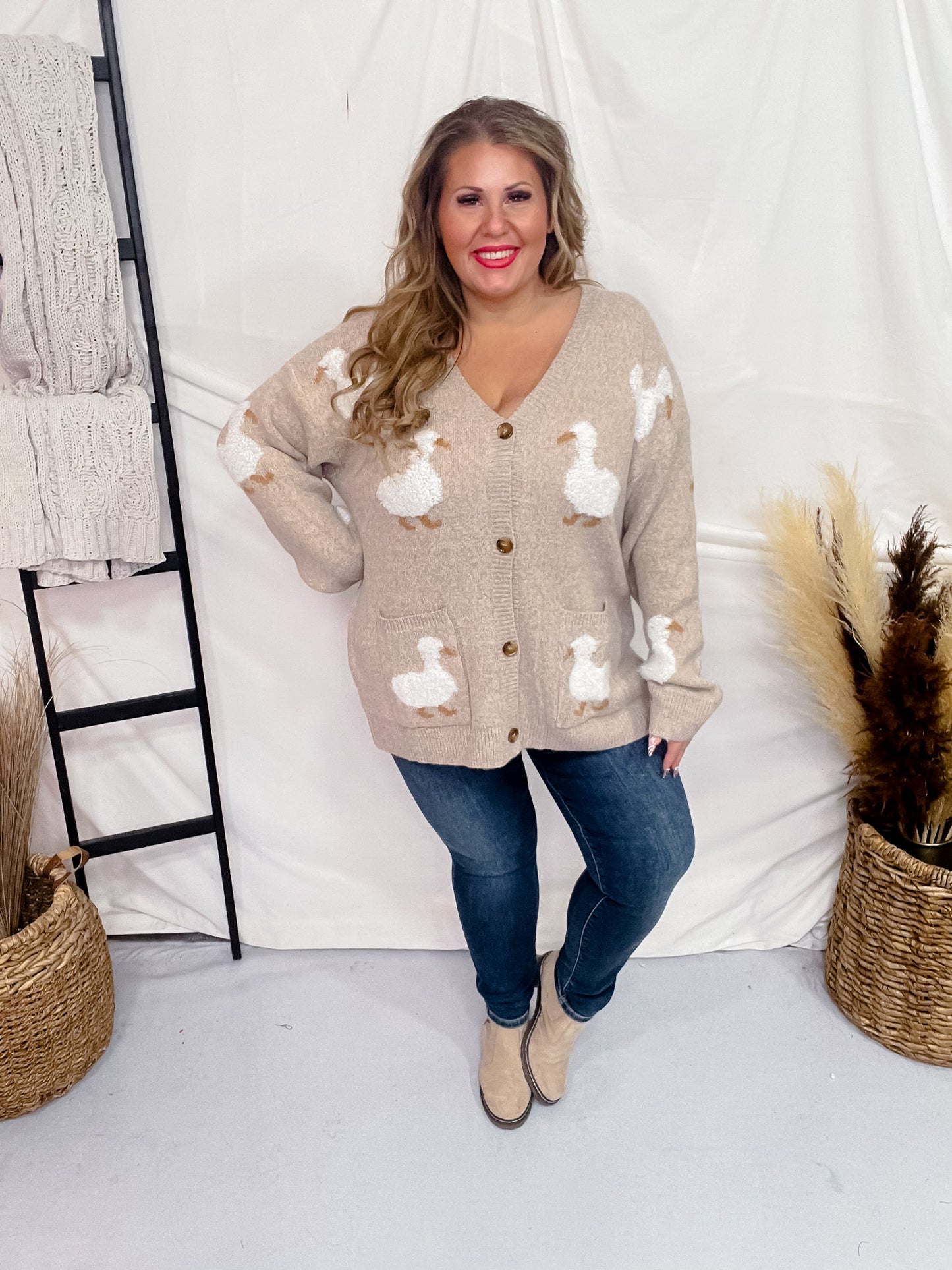 Button Front White Duck Sweater Cardigan