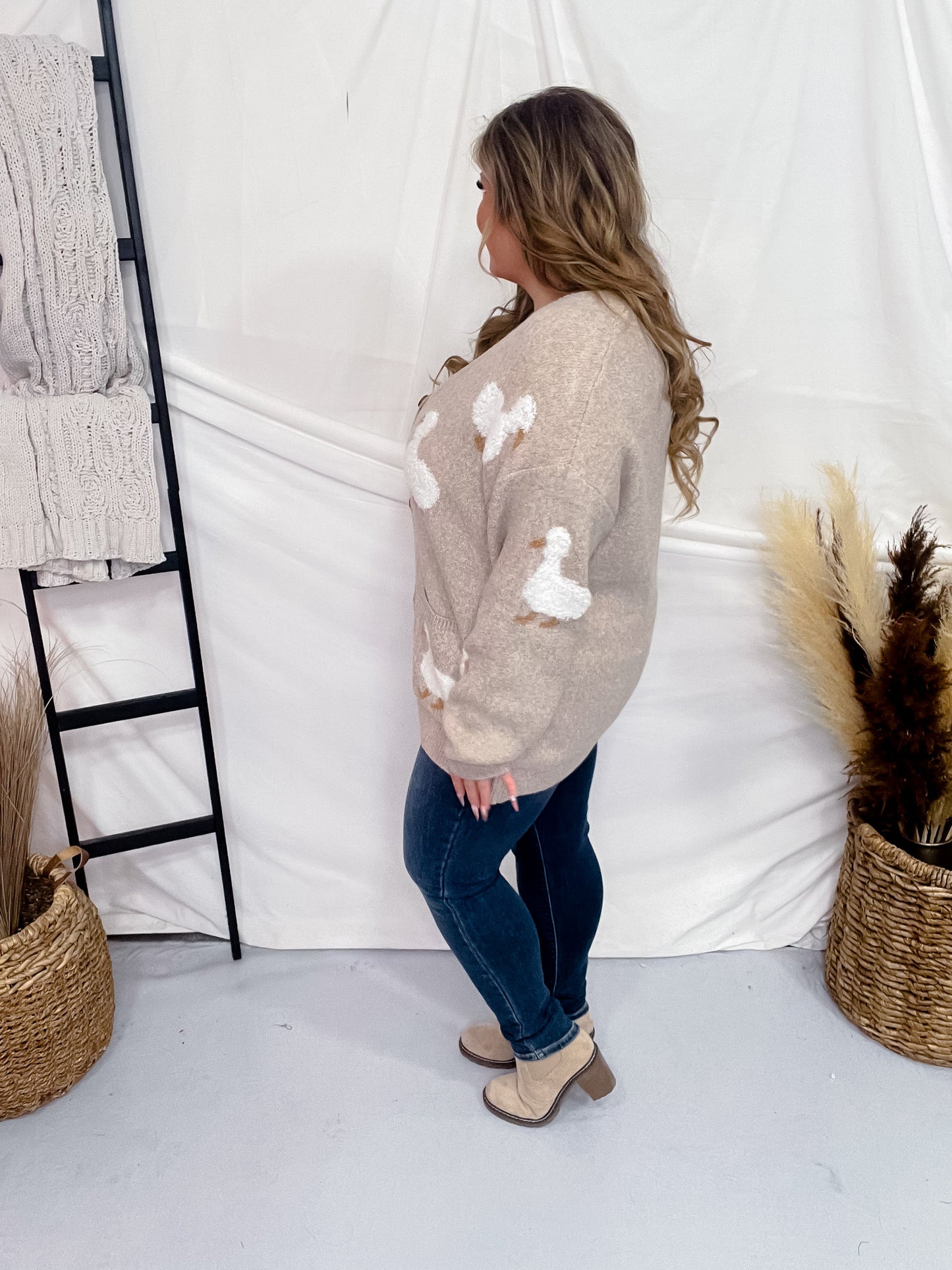 Button Front White Duck Sweater Cardigan