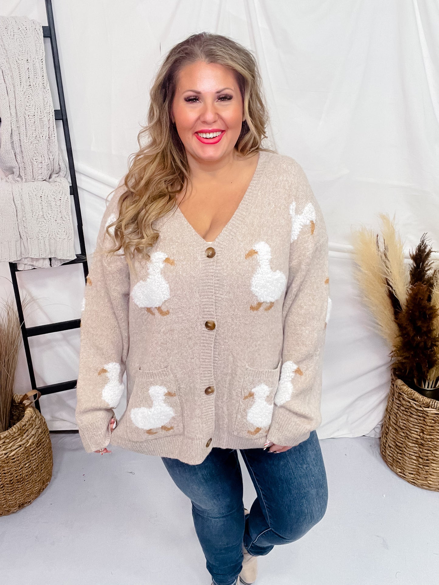 Button Front White Duck Sweater Cardigan