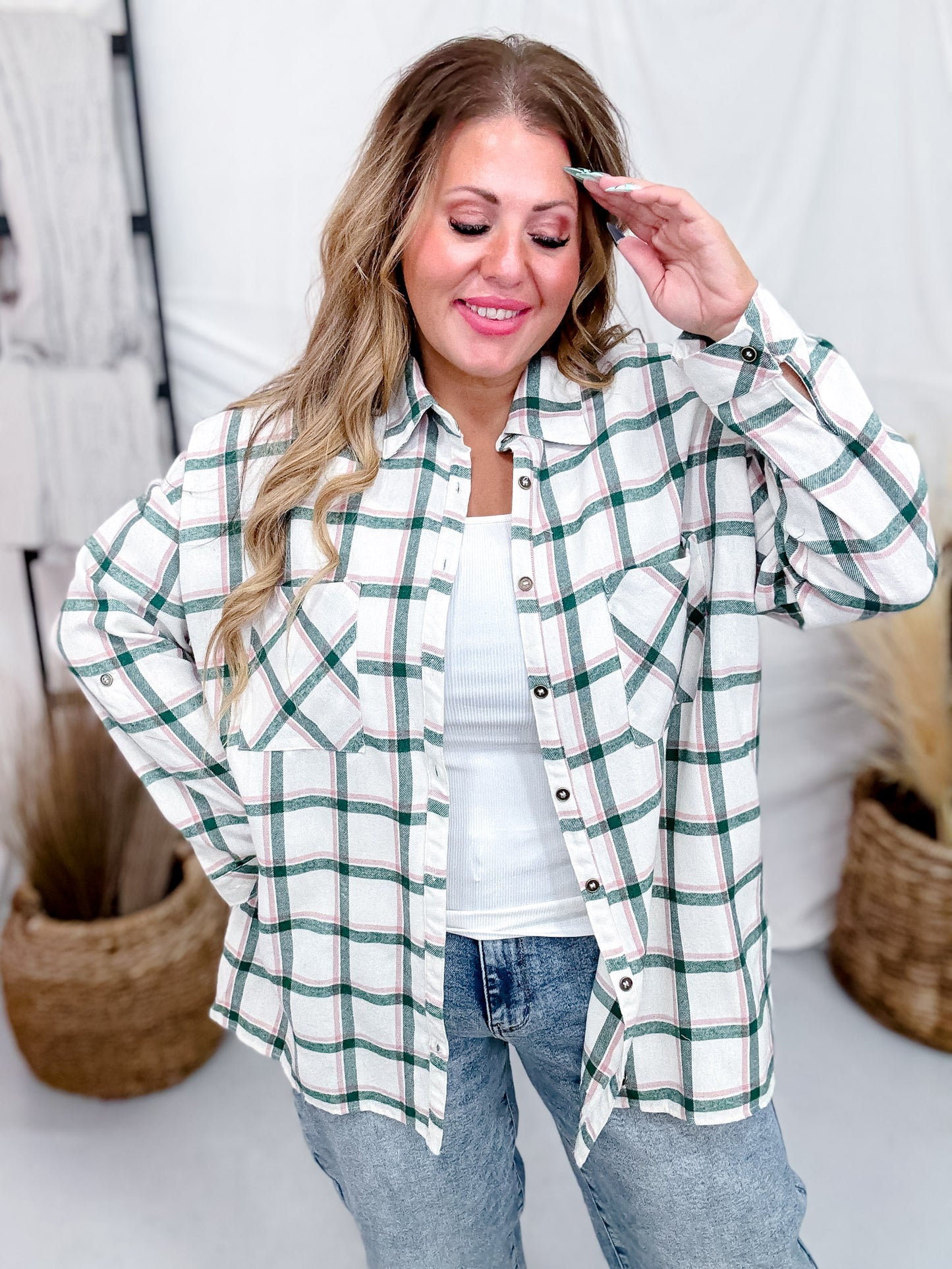 Green and Pink Plaid Button Down Flannel