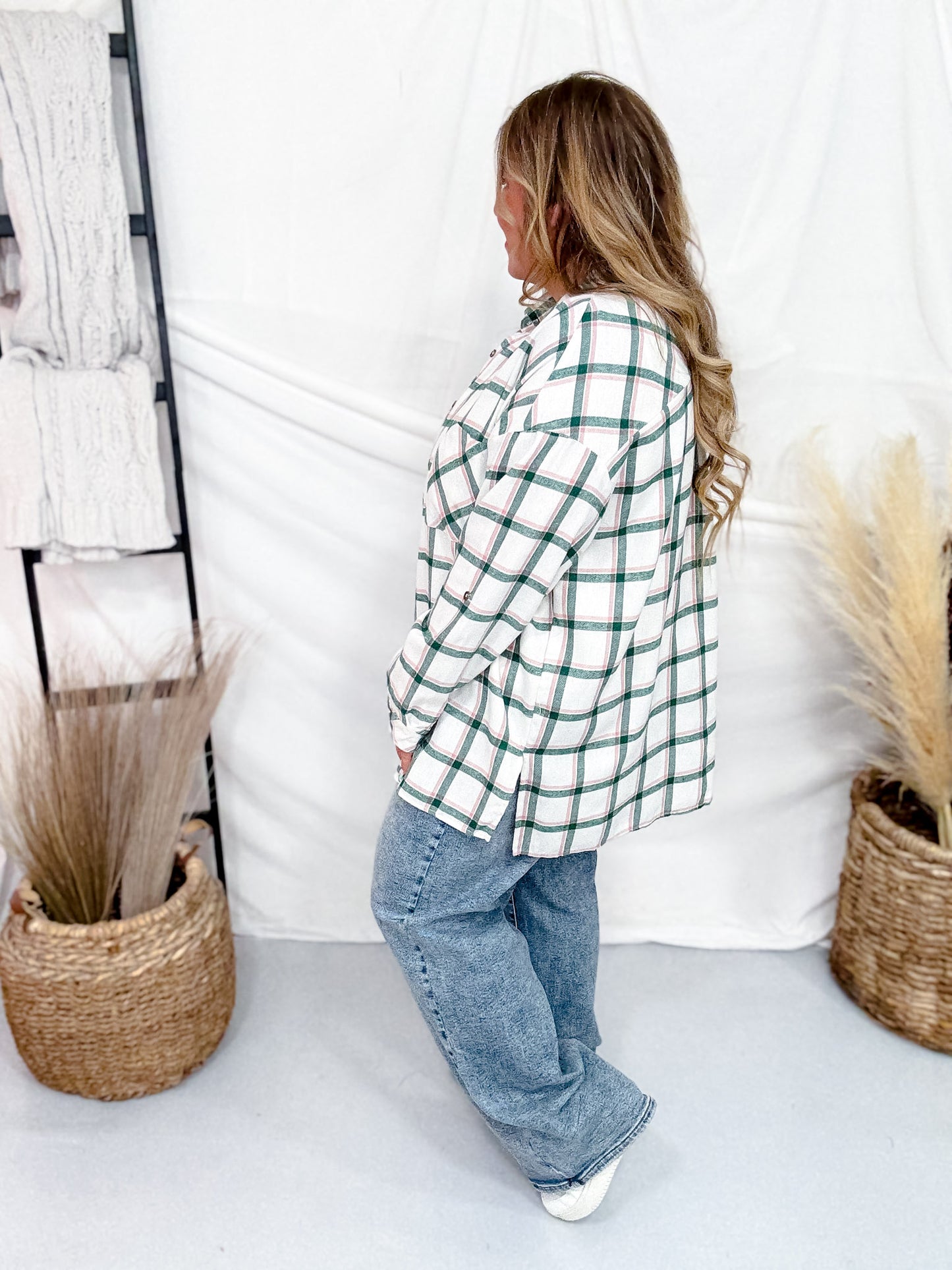 Green and Pink Plaid Button Down Flannel