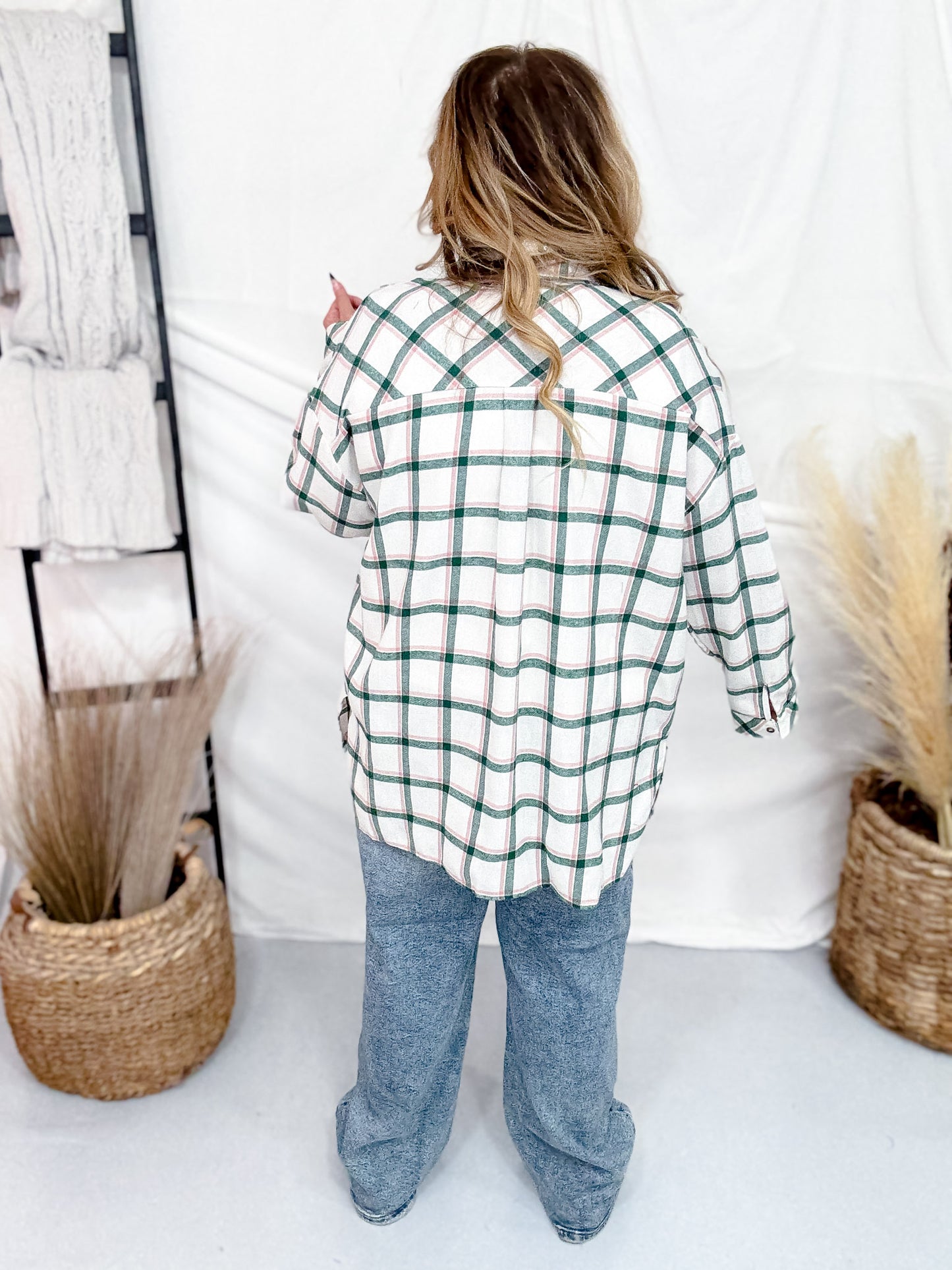 Green and Pink Plaid Button Down Flannel