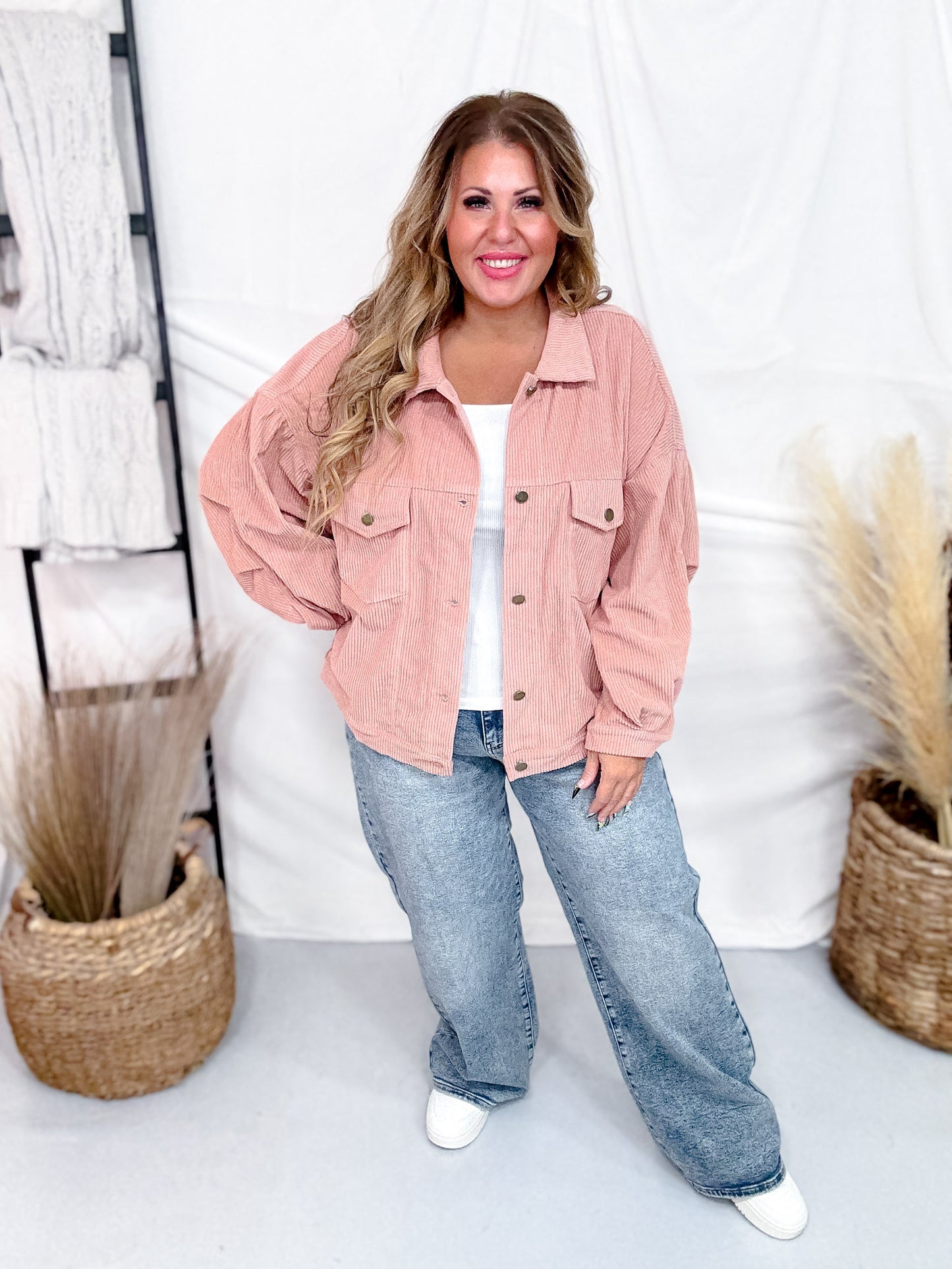 Corduroy Button Down Shacket in Pale Mauve