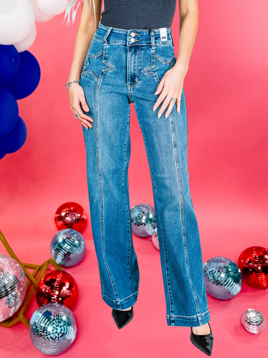 Judy Blue High Waisted Wide Leg Jeans with Star Seam Details
