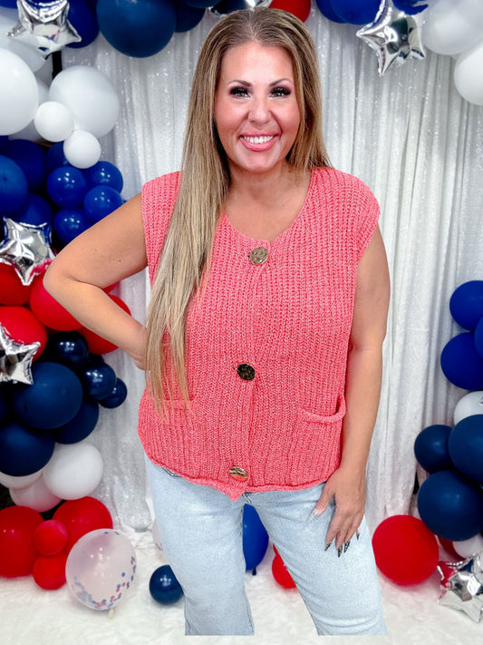Red Sleeveless Crochet Sweater Vest With Metallic Buttons