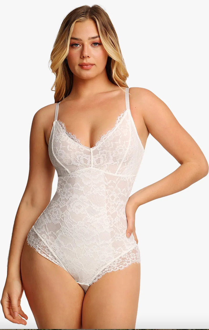 Sculpting Thong Bodysuit In White Lace