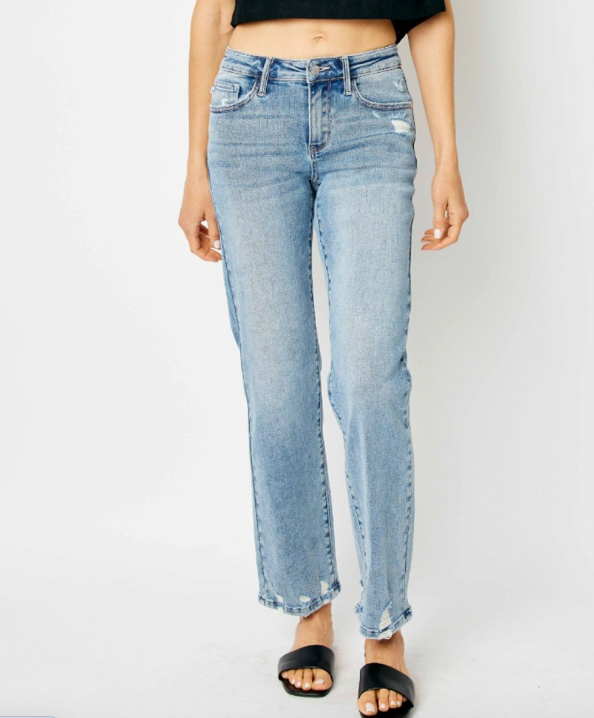 Judy Blue Mid Rise Medium Wash Destroy Straight Jeans