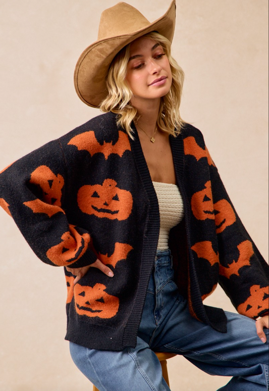 Black Open Front Cardigan With Orange Bats & Jack-O-Lanterns