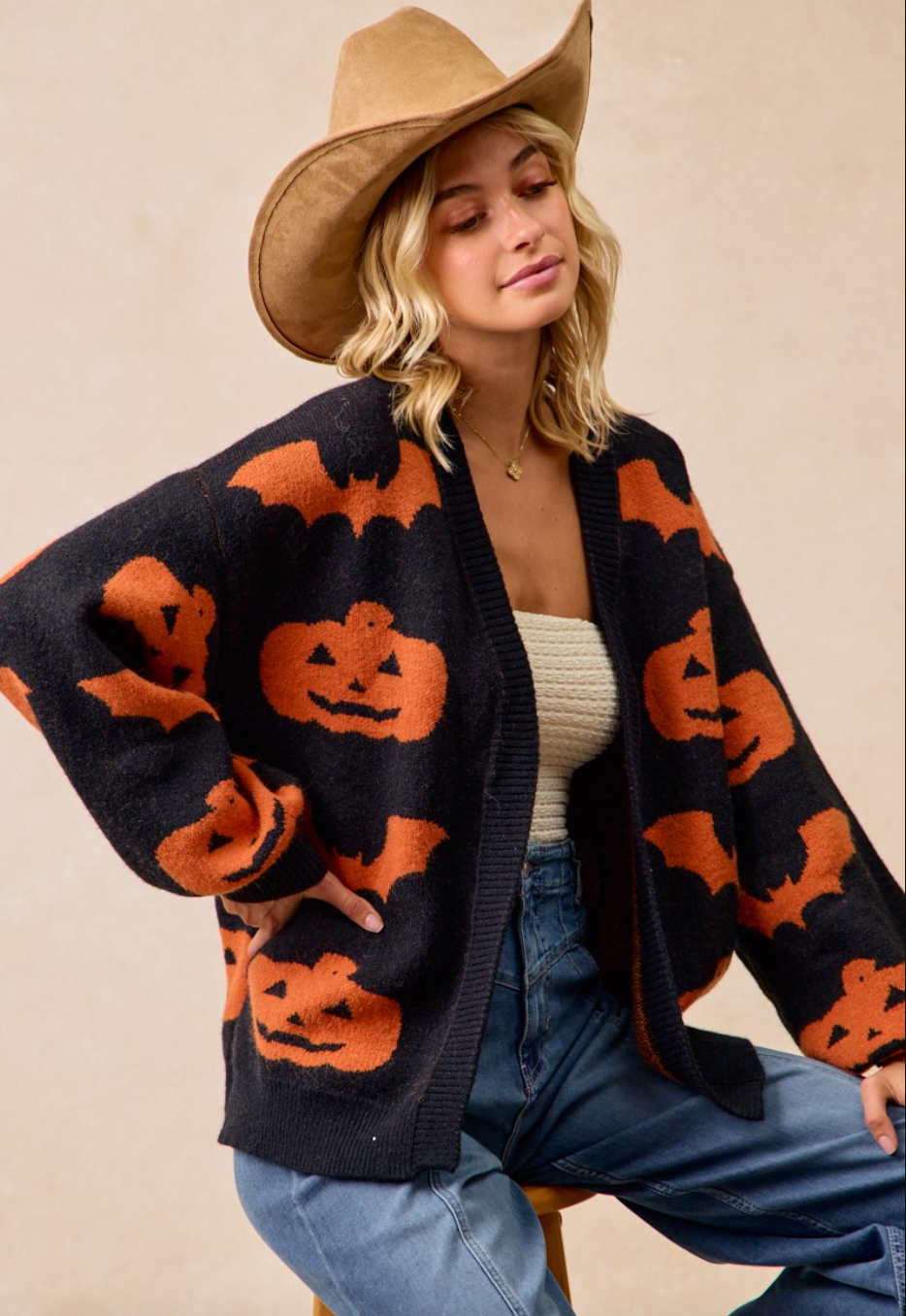 Black Open Front Cardigan With Orange Bats & Jack-O-Lanterns