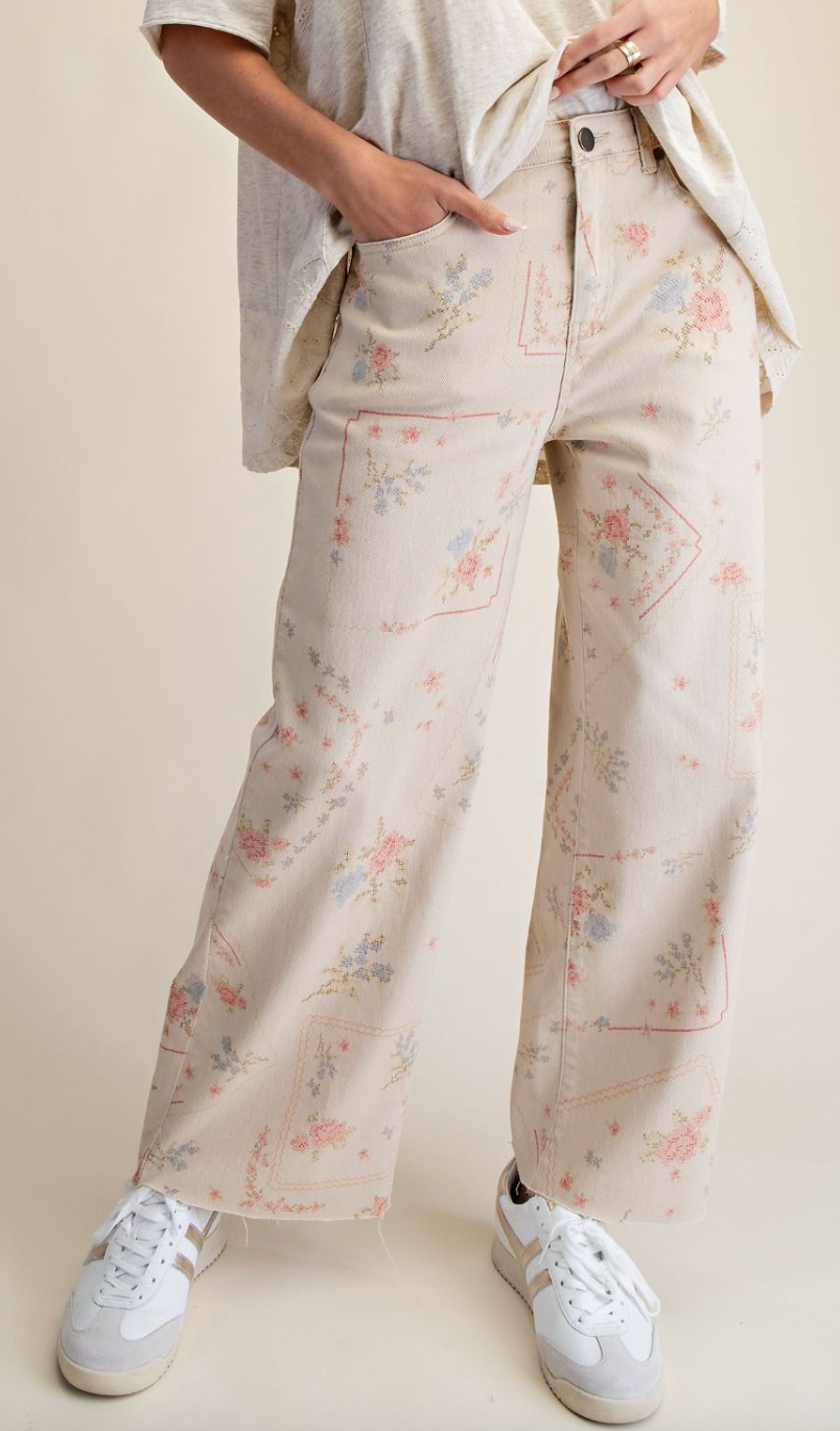 Cropped Khaki Twill Pants With Floral Cross Stitch Pattern