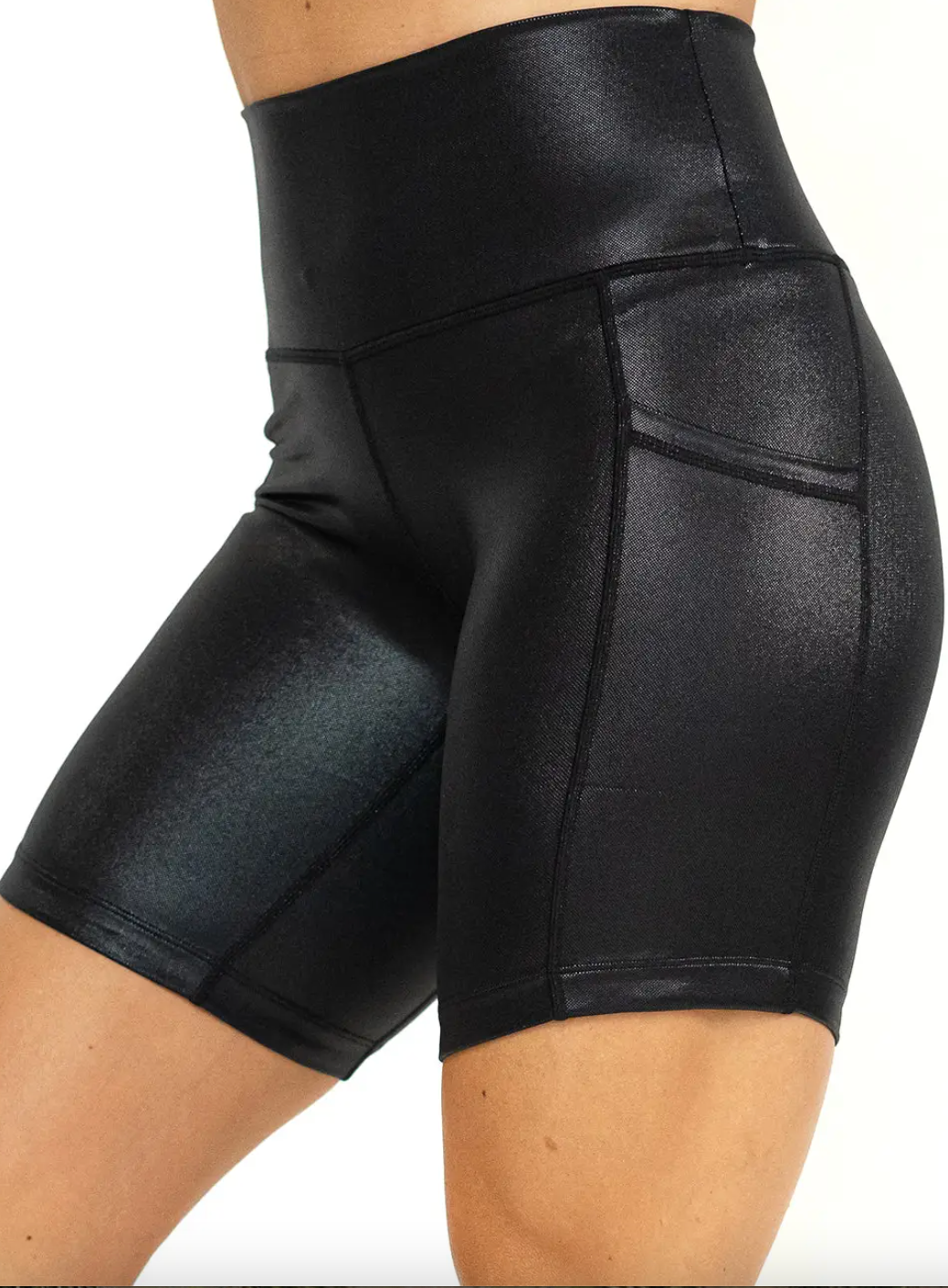 7" Inseam Black Faux Leather Sculpting Shorts