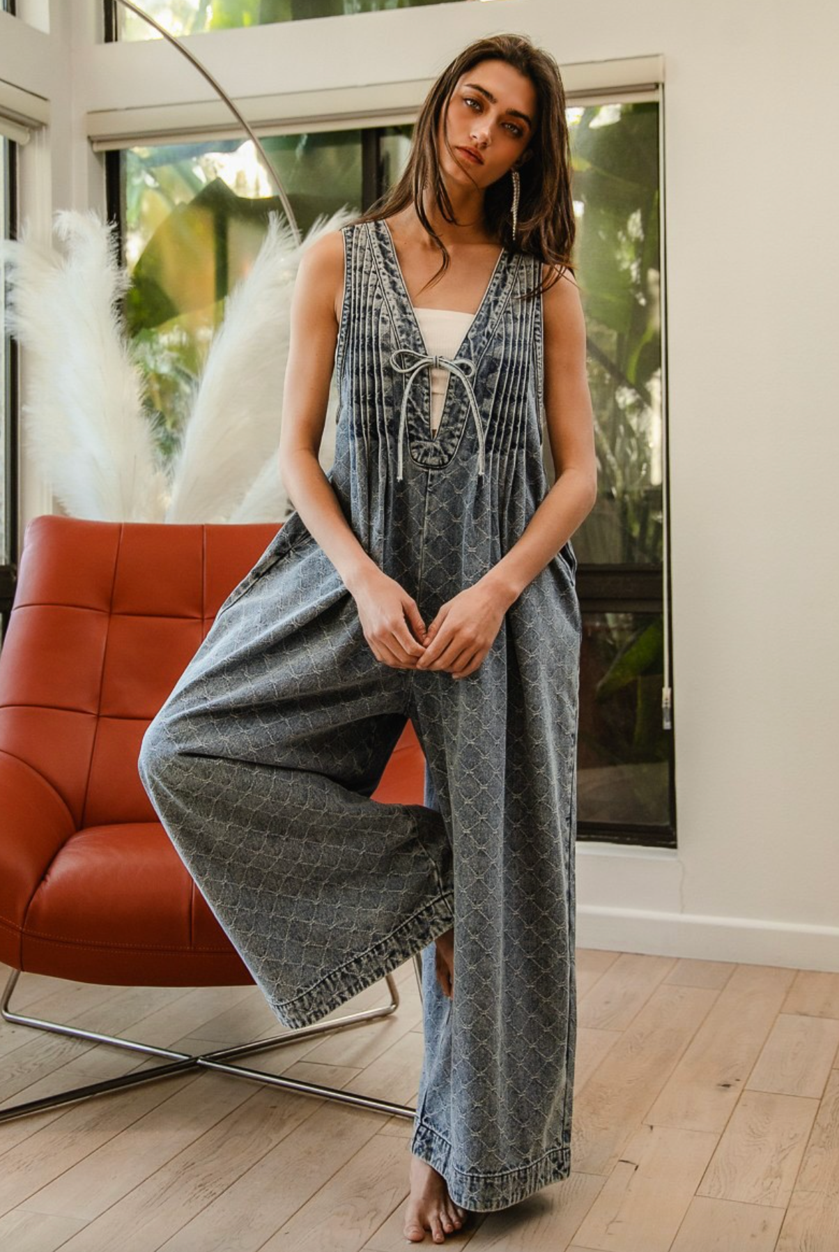 Bow Texture Denim Pintuck Jumpsuit W/ Side Pockets