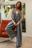 Bow Texture Denim Pintuck Jumpsuit W/ Side Pockets
