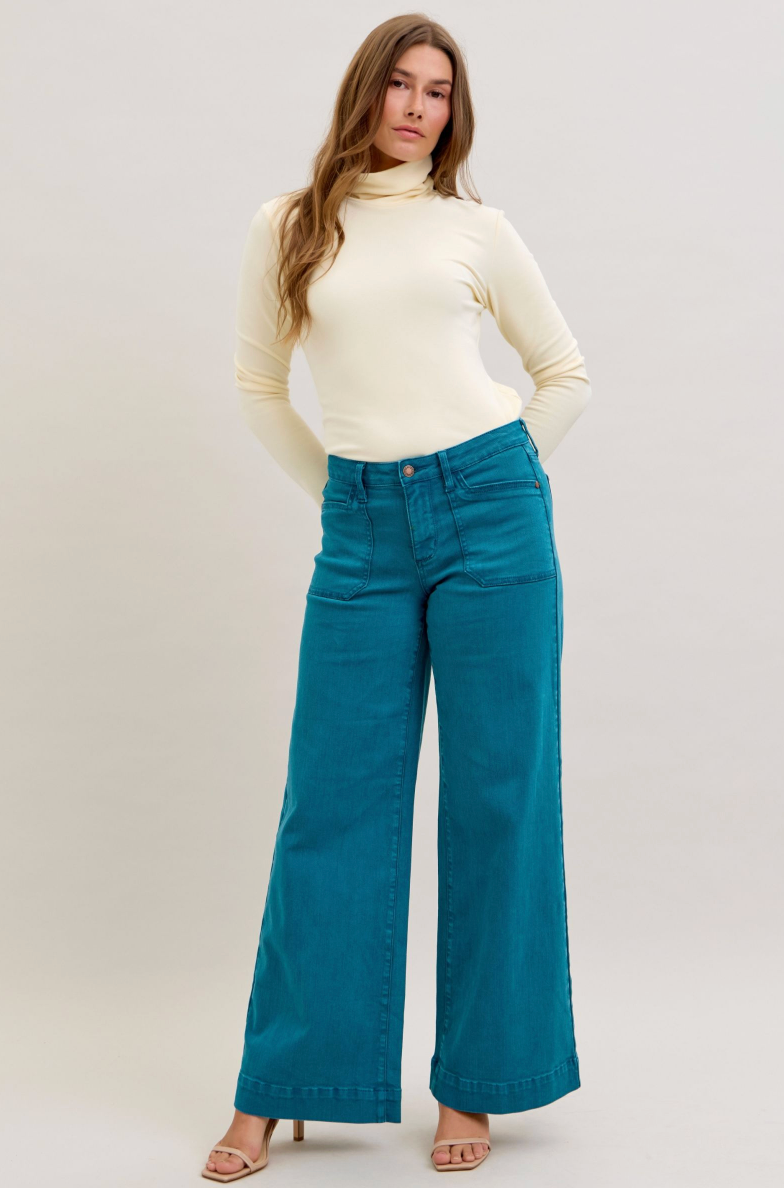 Judy Blue Teal Mid-Rise Utility Wide Leg Jeans