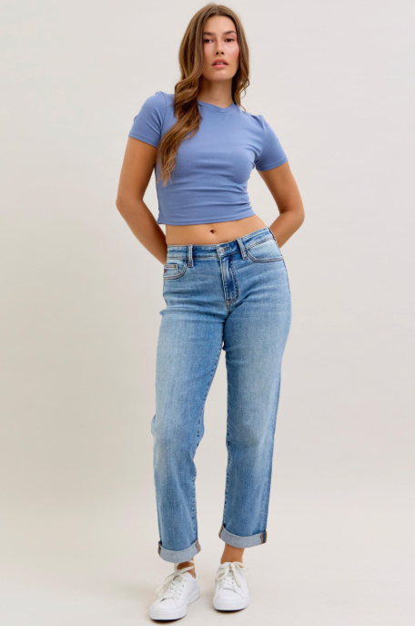 Judy Blue Mid Rise Cuffed Boyfriend Jeans