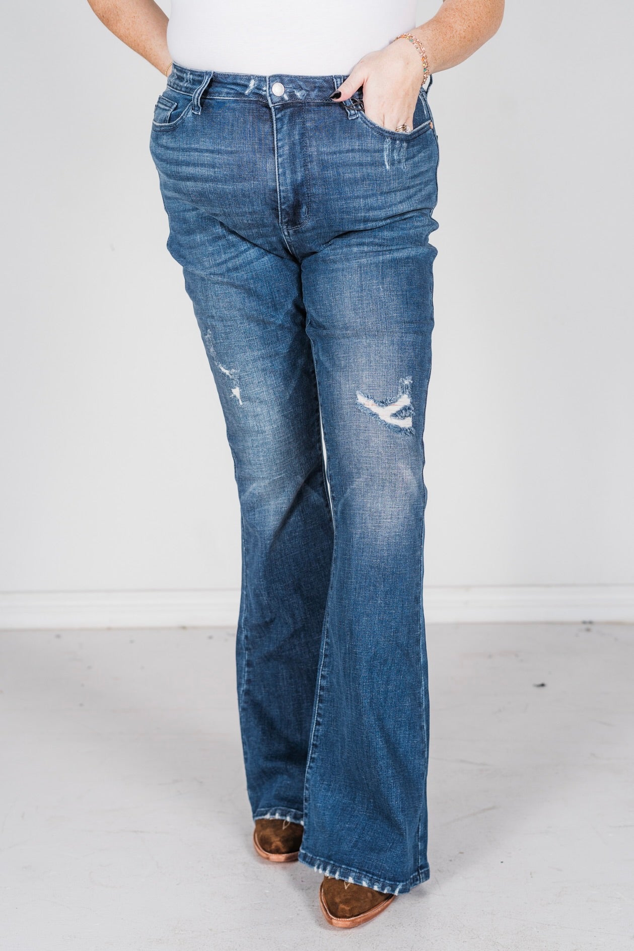 Judy Blue High-Waist Contrast Wash Destroyed Flare Jeans