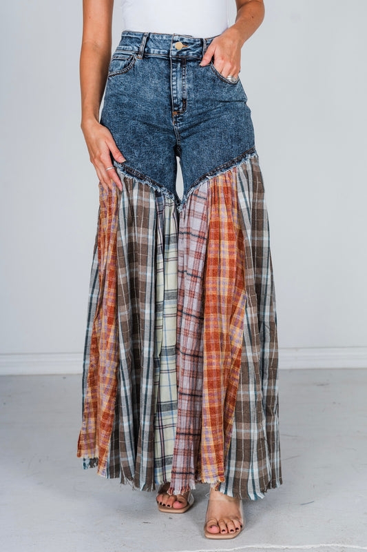 Washed Patchwork Flared Pants