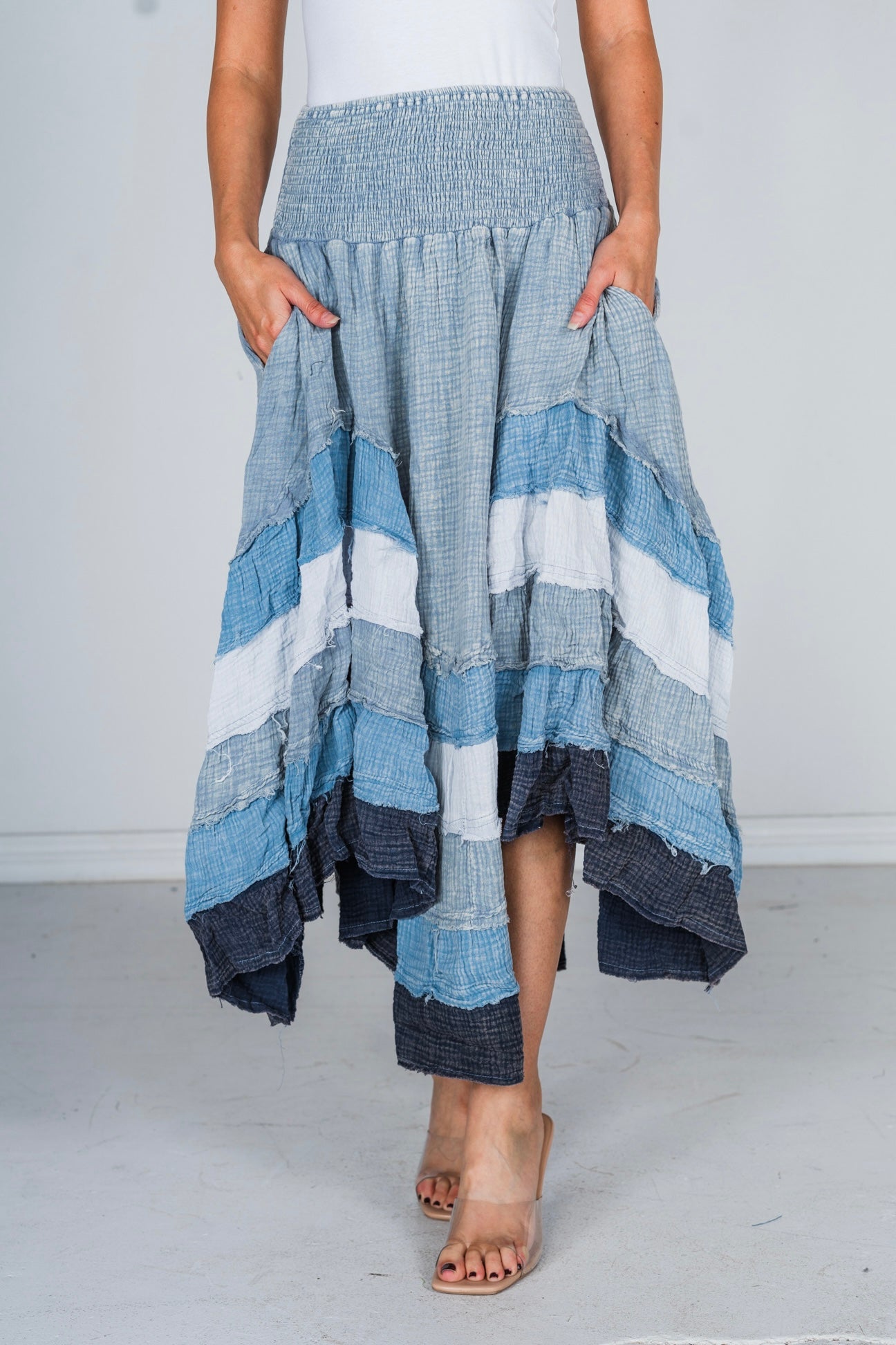 Blue Mineral Washed Tiered Hem Skirt