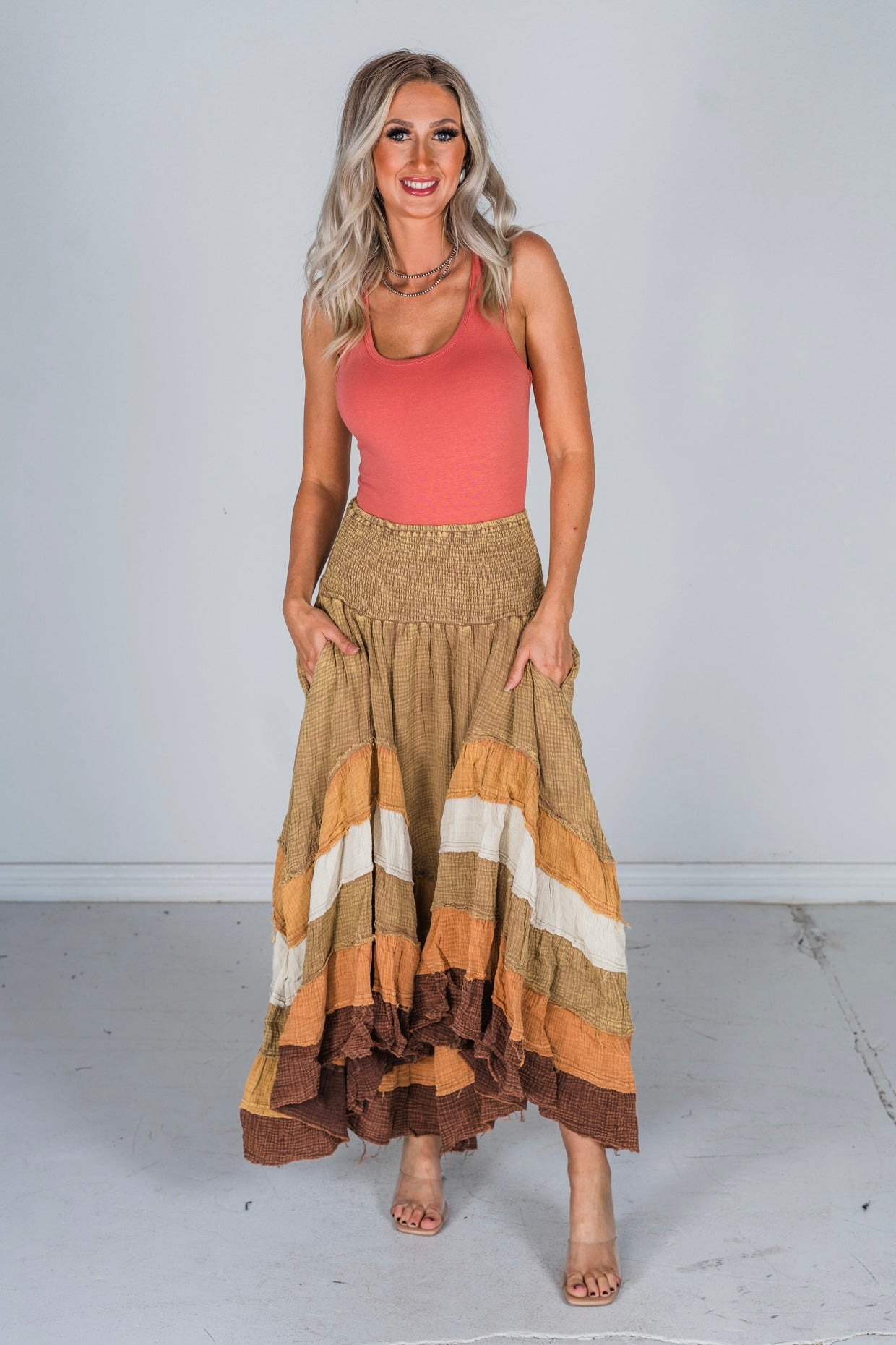 Brown Mineral Washed Tiered Hem Skirt