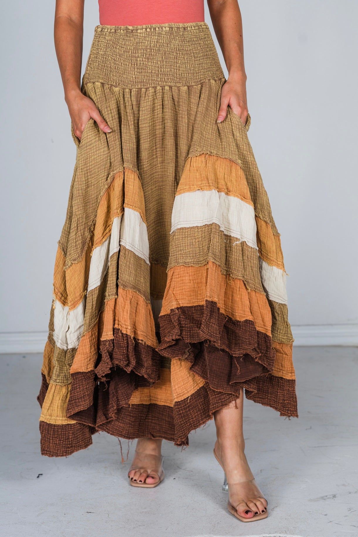 Brown Mineral Washed Tiered Hem Skirt