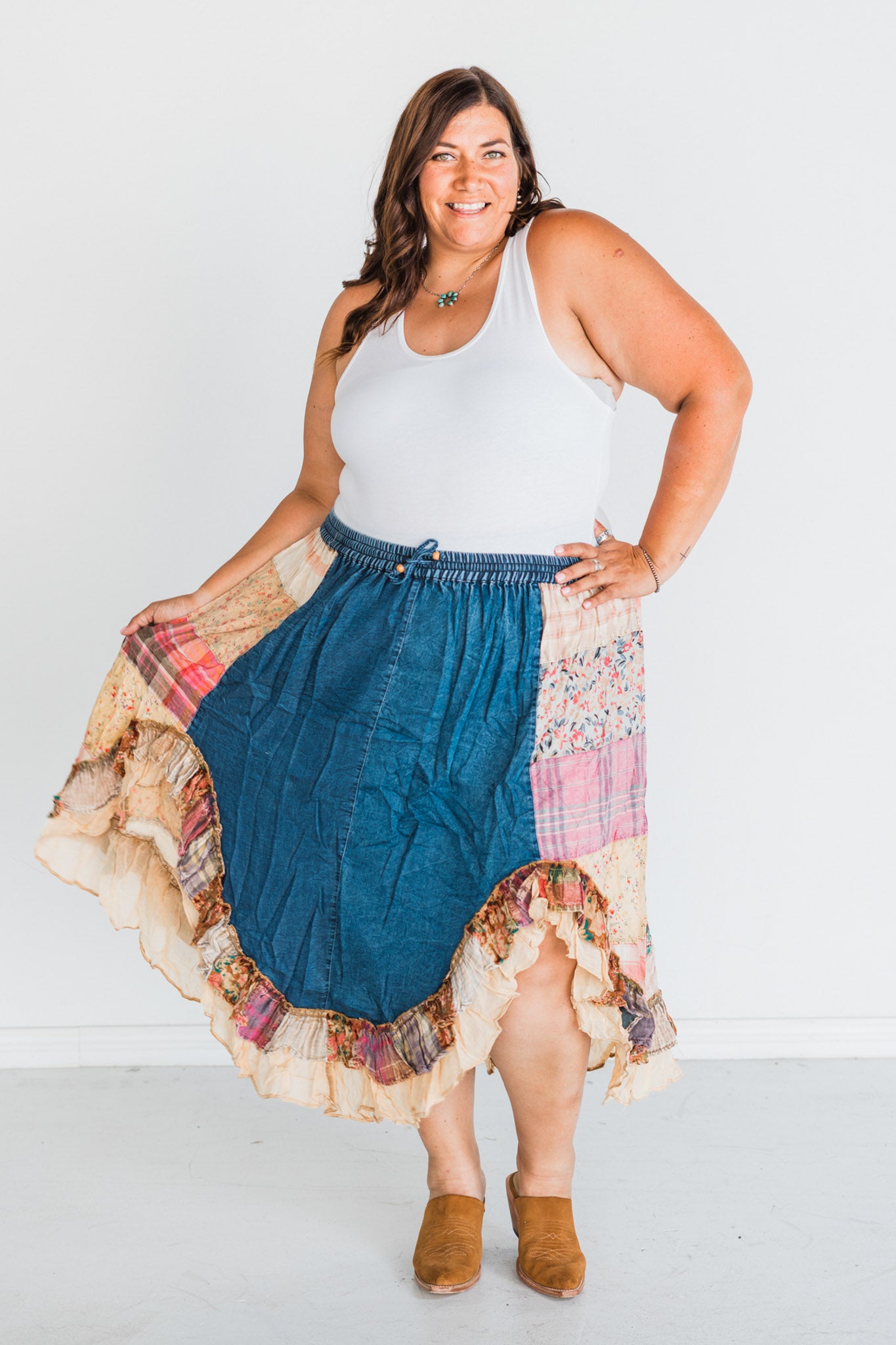 Mixed Denim and Plaid Boho Patch Midi Skirt