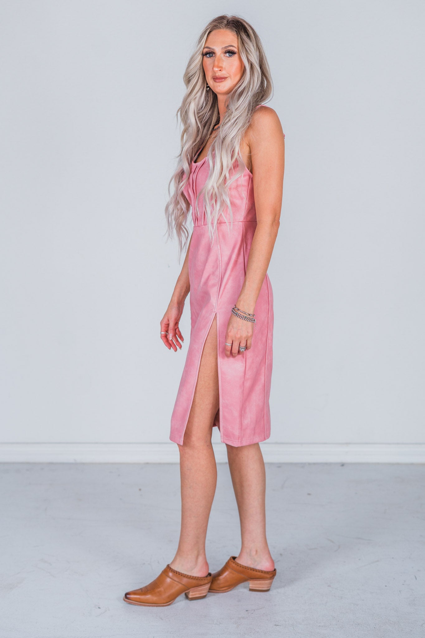 pink dress tan shoes Rowdy Rosa Pink Dress with Thigh Slit FINAL SALE