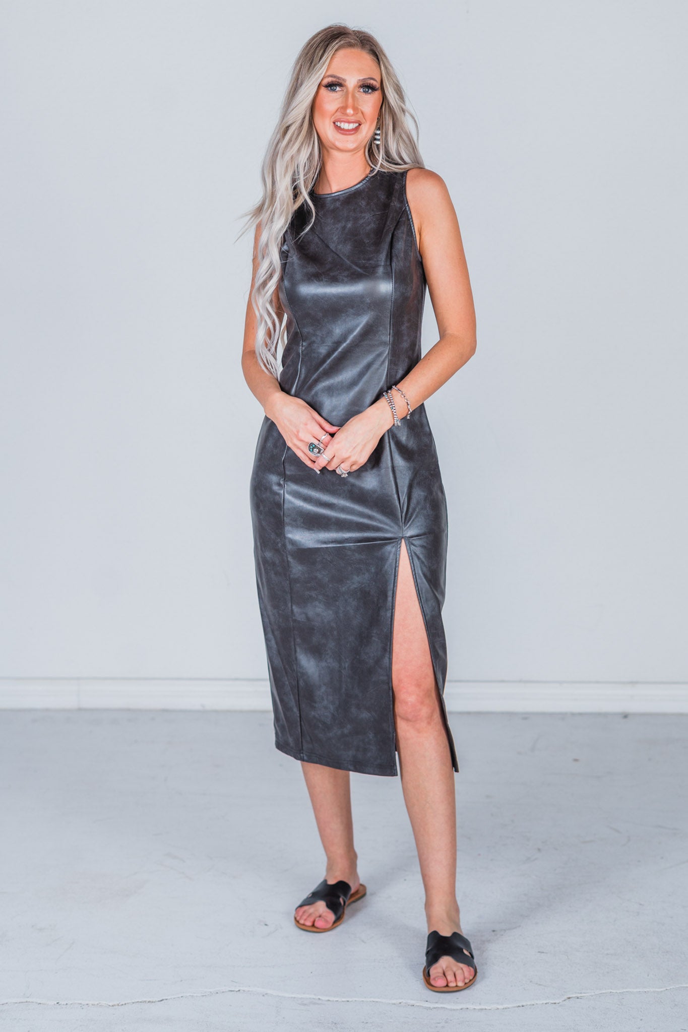That Gurl Black Faux Leather Dress with Thigh Slit