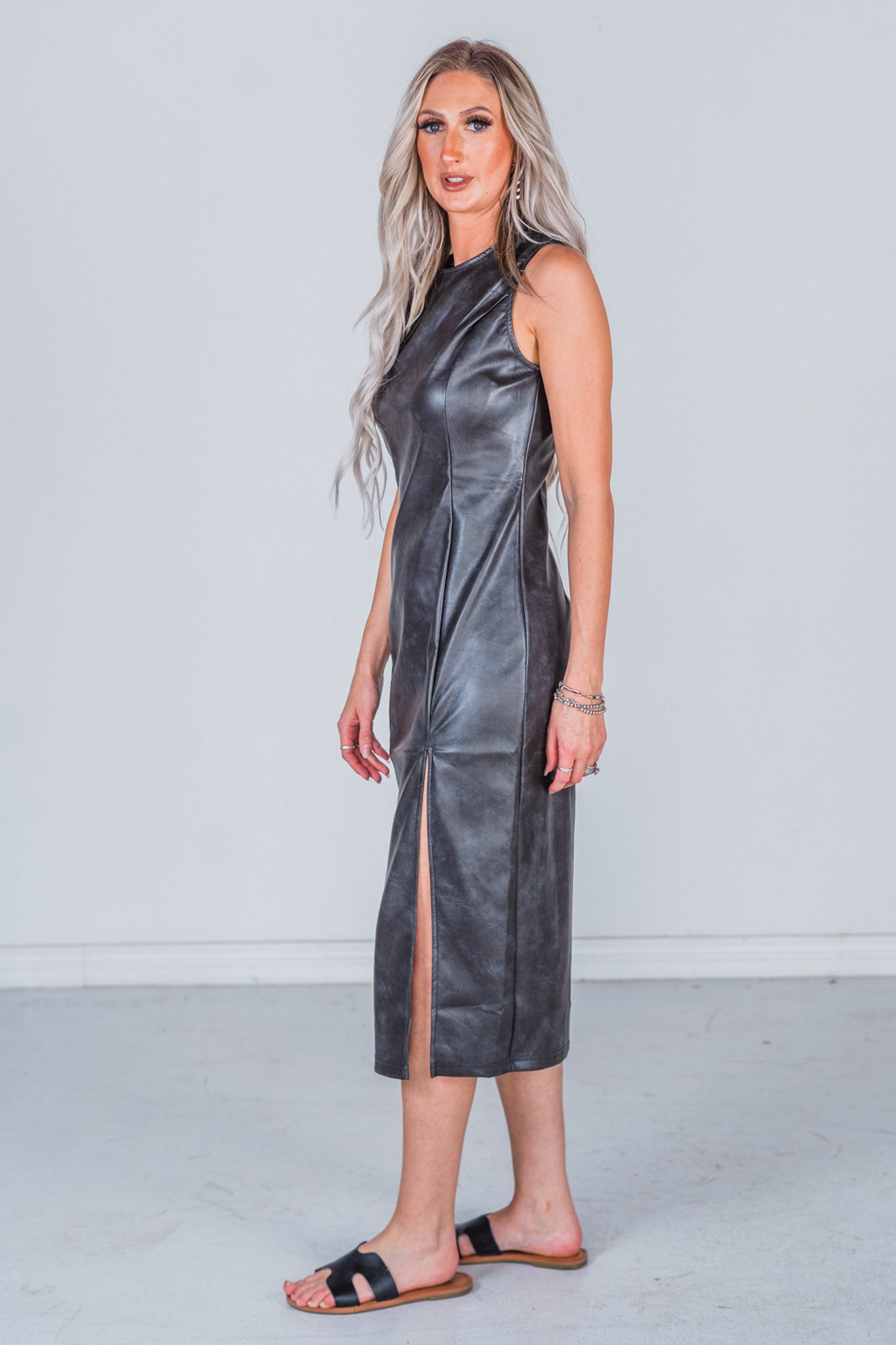 That Gurl Black Faux Leather Dress with Thigh Slit