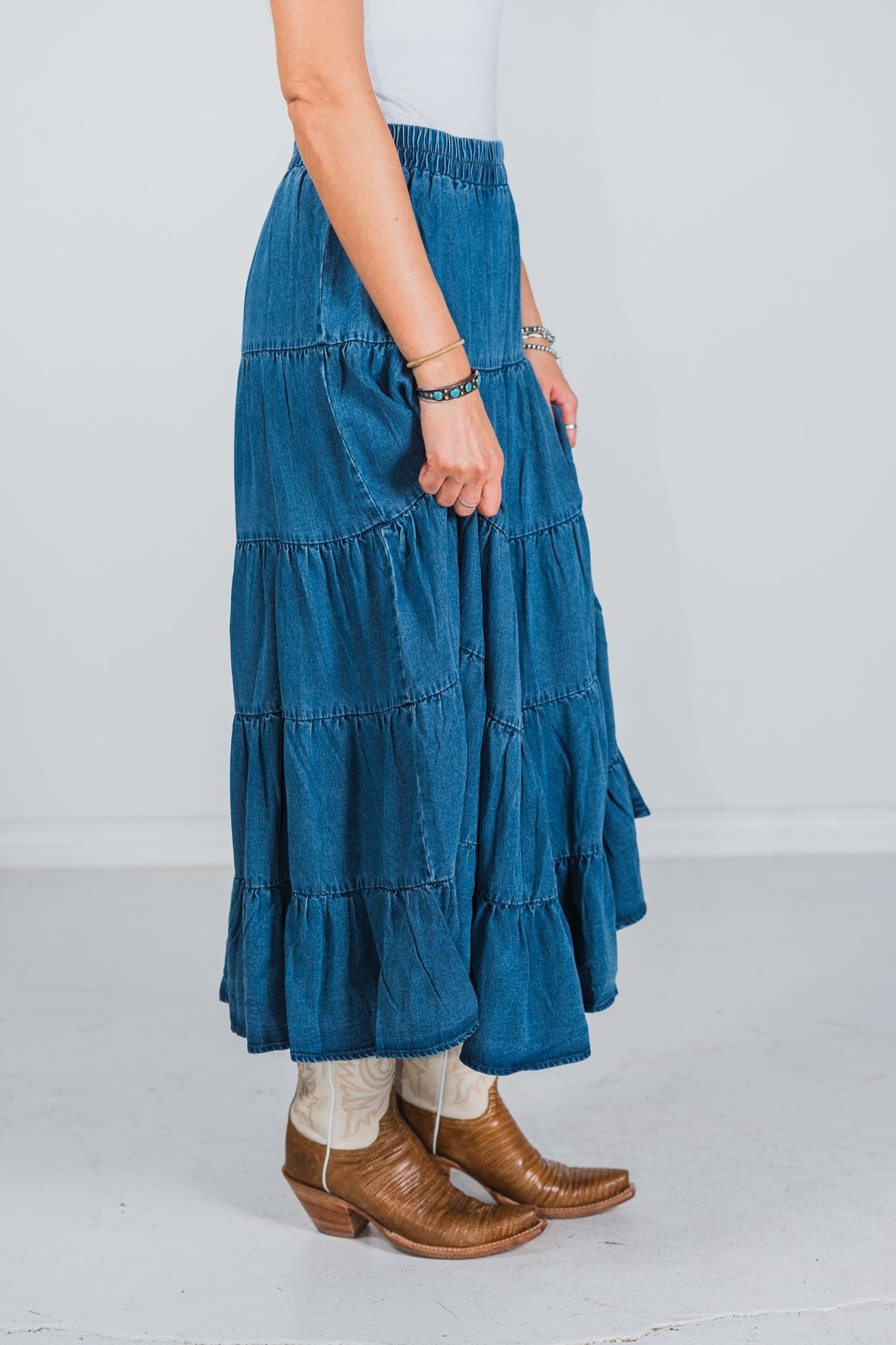 Tiered Denim Skirt with Elastic Waist