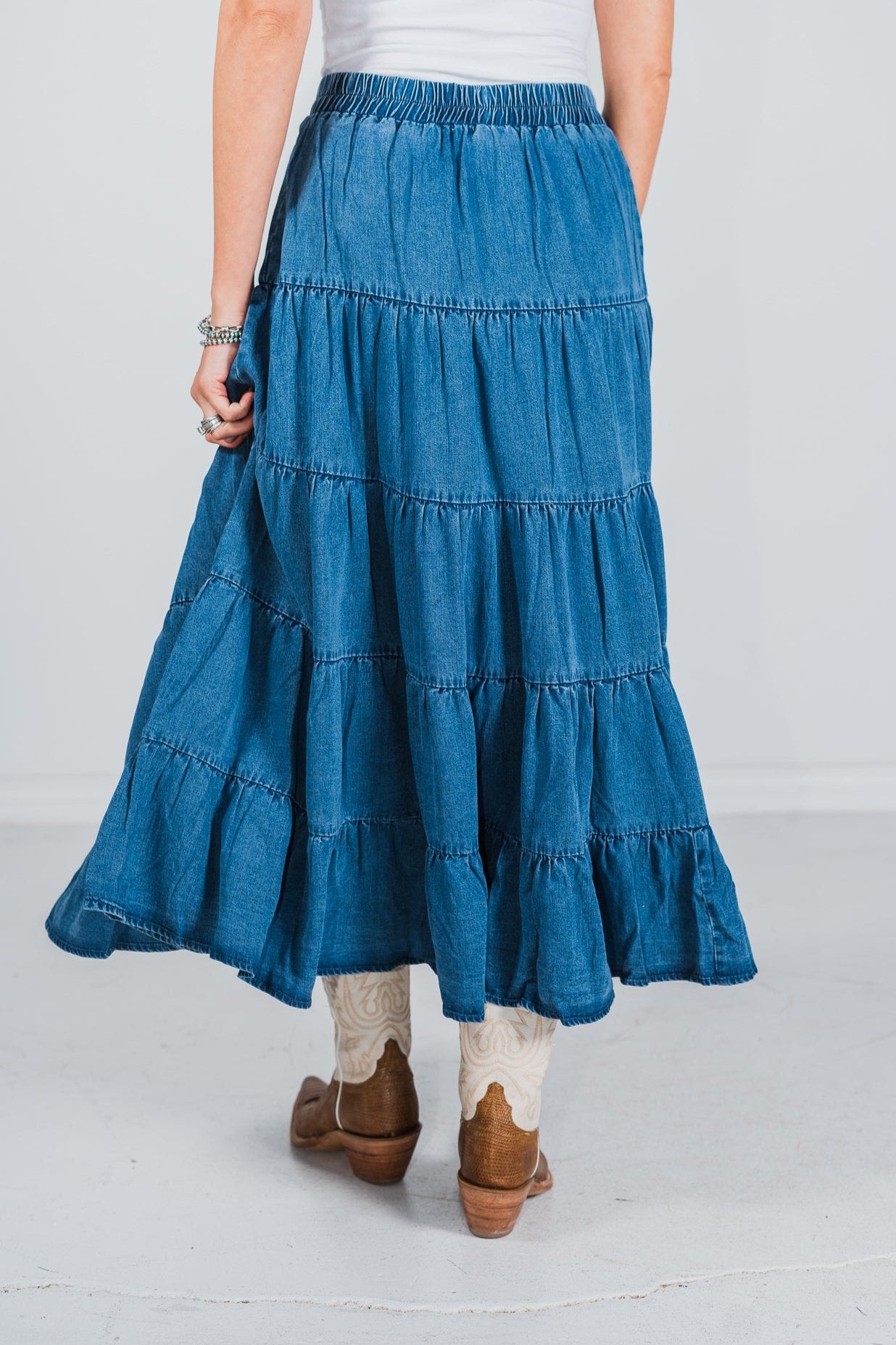 Tiered Denim Skirt with Elastic Waist
